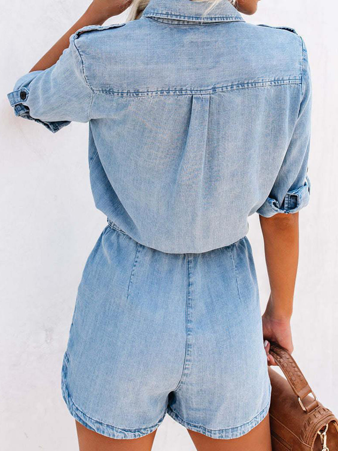 Drawstring Half Button Half Sleeve Denim Romper Trandify deal