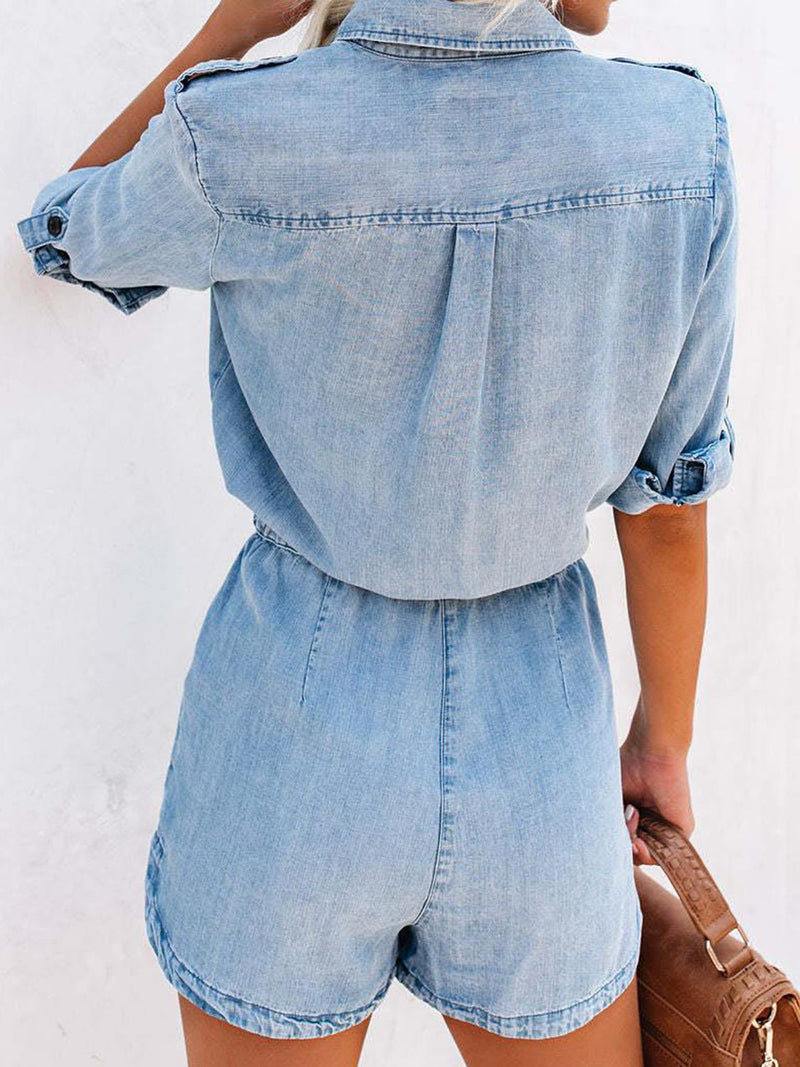 Drawstring Half Button Half Sleeve Denim Romper Trandify deal