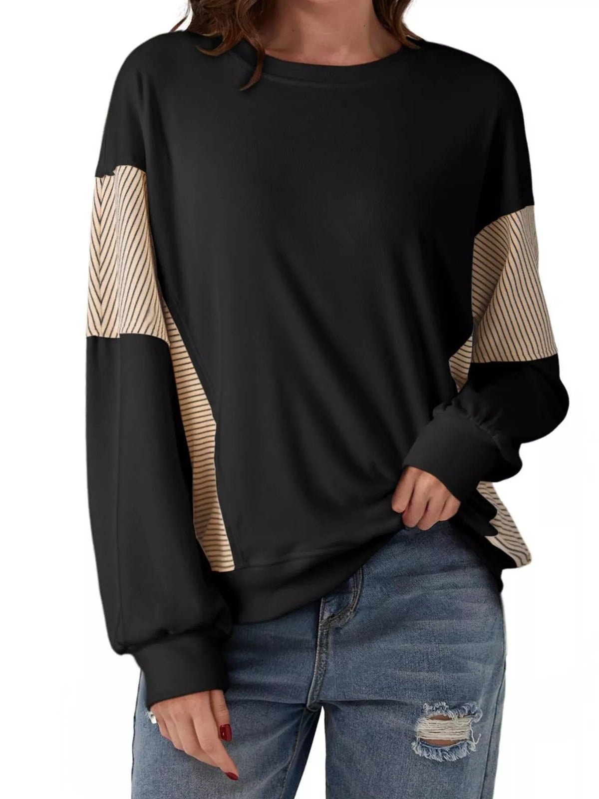 Women's Oversized Long Sleeve Sweatshirt with seam detail in Black, Y2K streetwear style.