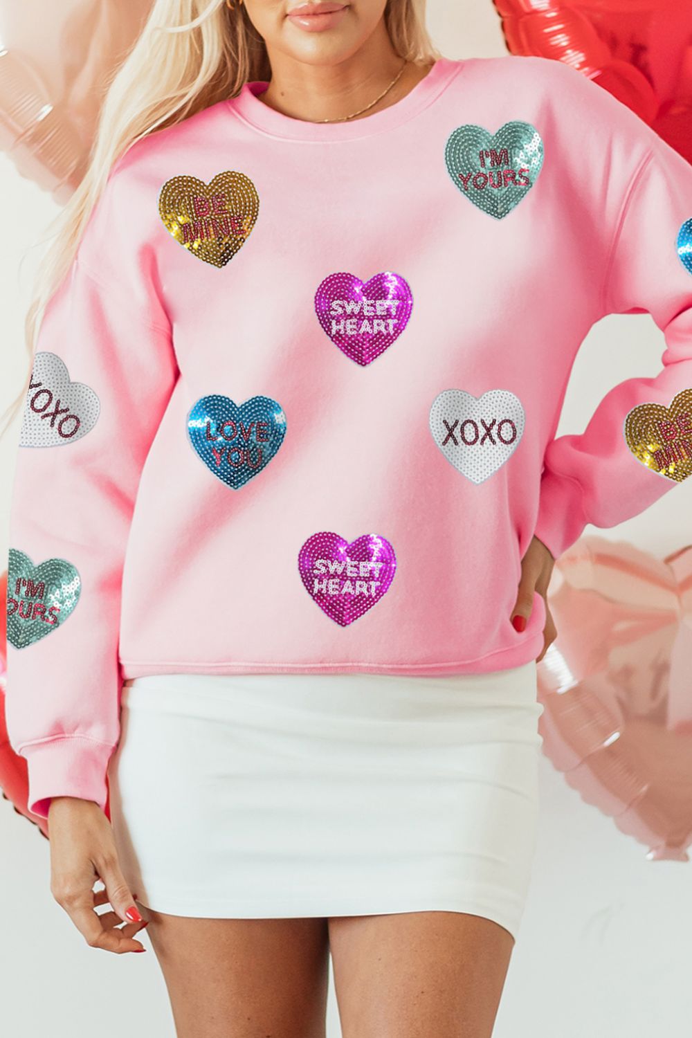 Valentine’s Day Sequin Heart Round Neck Long Sleeve Sweatshirt Trandify Deal