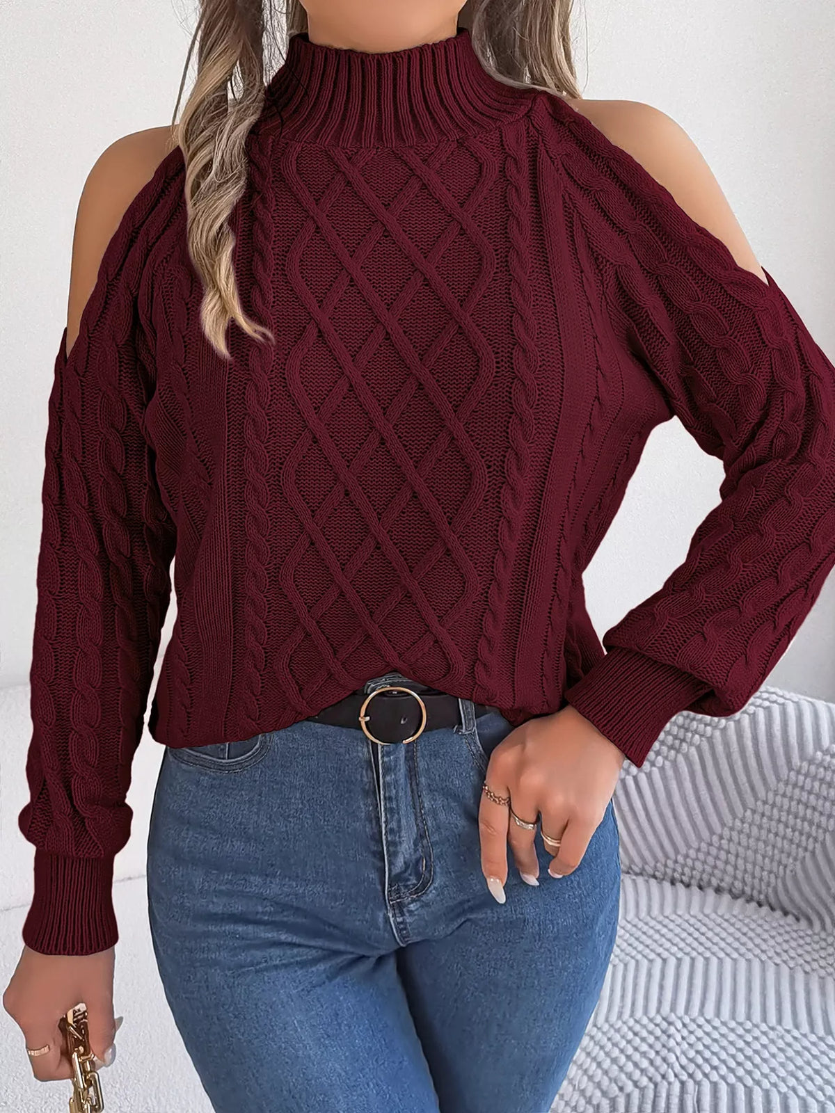 Women's Cold Shoulder Sweater | Cable Knit Turtleneck