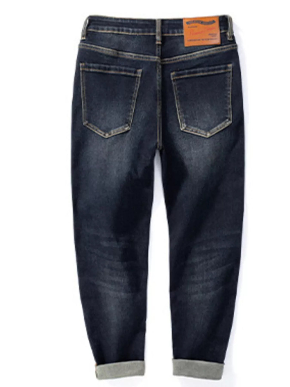 Men's washed blue straight leg jeans, regular fit, stretch denim