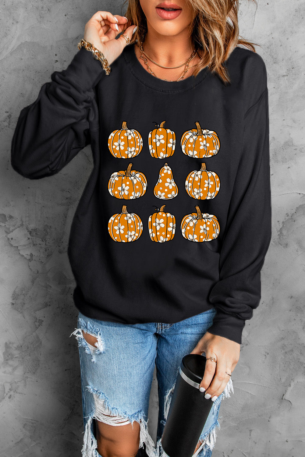 Pumpkin Round Neck Long Sleeve Sweatshirt Trandify Deal