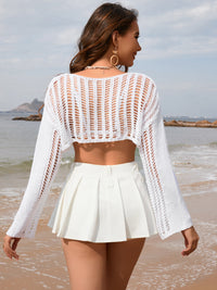 Openwork Boat Neck Long Sleeve Cover-Up Trandify deal
