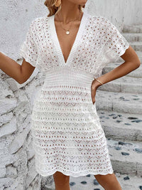 Openwork Plunge Short Sleeve Cover-Up Dress Trandify deal