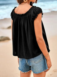 Women’s Tie-Front Smocked Blouse in Black – Boho Chic Ruffled Sleeve Top for Summer