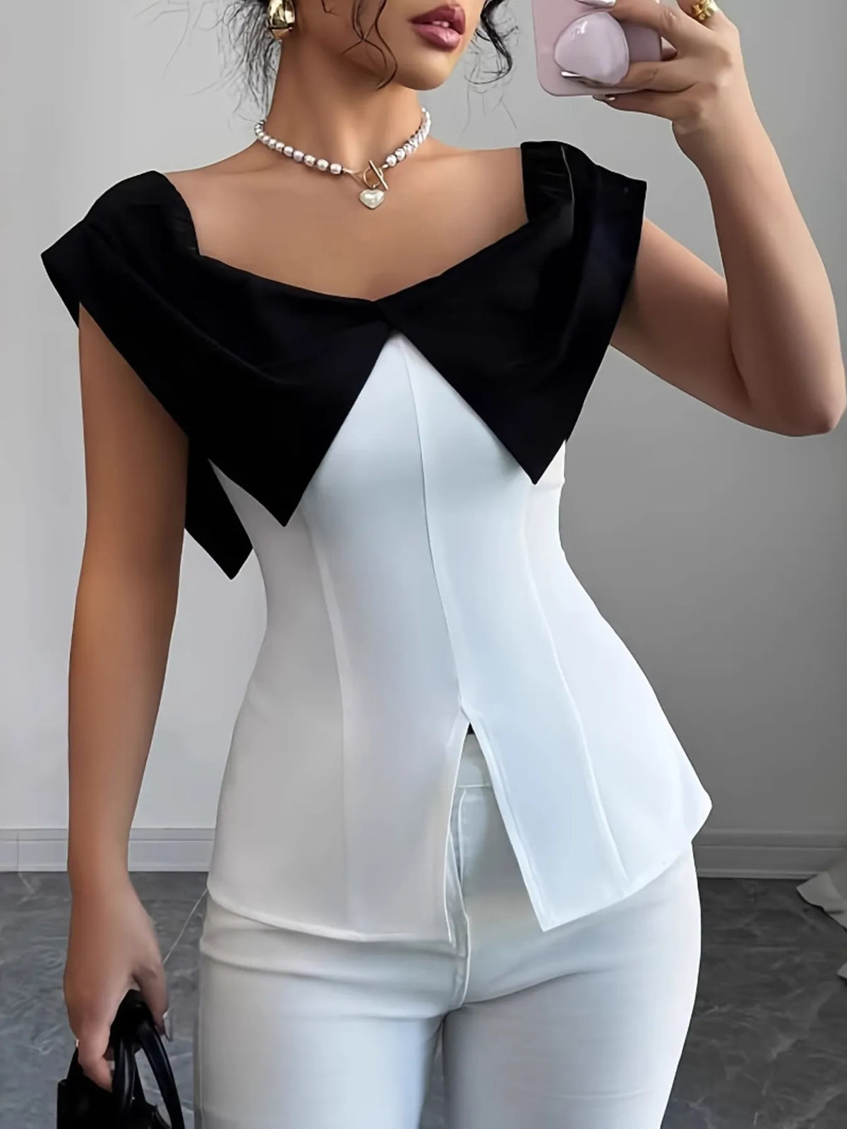 Women’s Slit Contrast Cap Sleeve Blouse – Trendy Fashion Top