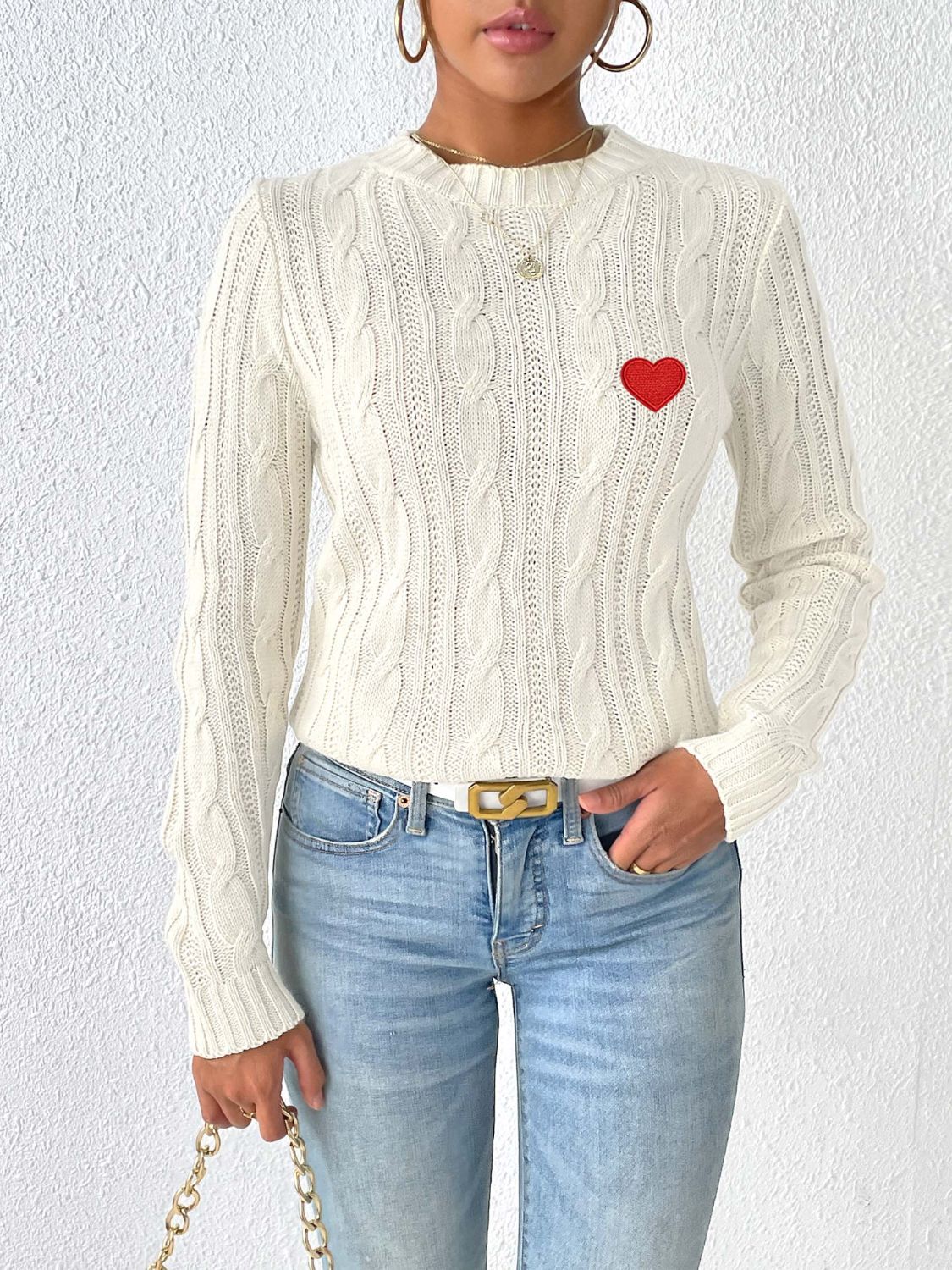 Cable-Knit Heart Round Neck Long Sleeve Sweater Trandify Deal