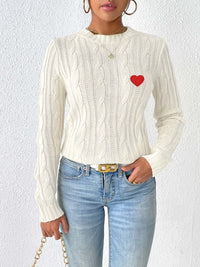 Cable-Knit Heart Round Neck Long Sleeve Sweater Trandify Deal
