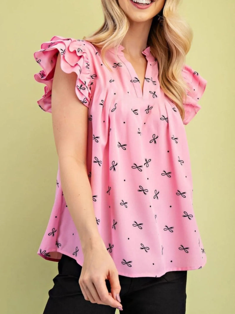 Notched Ruffled Blouse in Pink - Women's Cap Sleeve Top