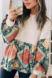 Printed Round Neck Long Sleeve Blouse Trandify Deal