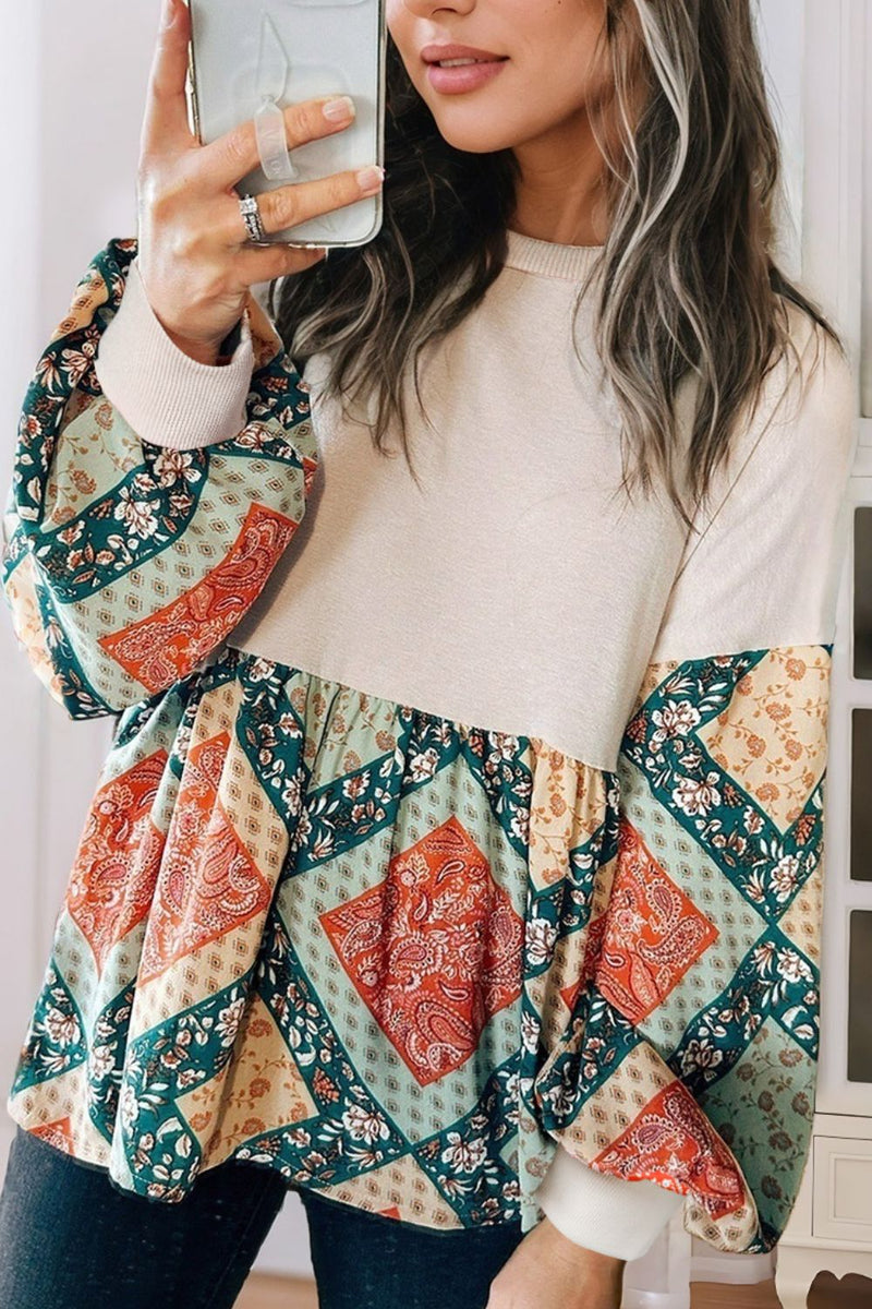 Printed Round Neck Long Sleeve Blouse Trandify Deal