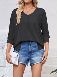 Lovelet Textured Round Neck Three-Quarter Sleeve Blouse Trandify deal