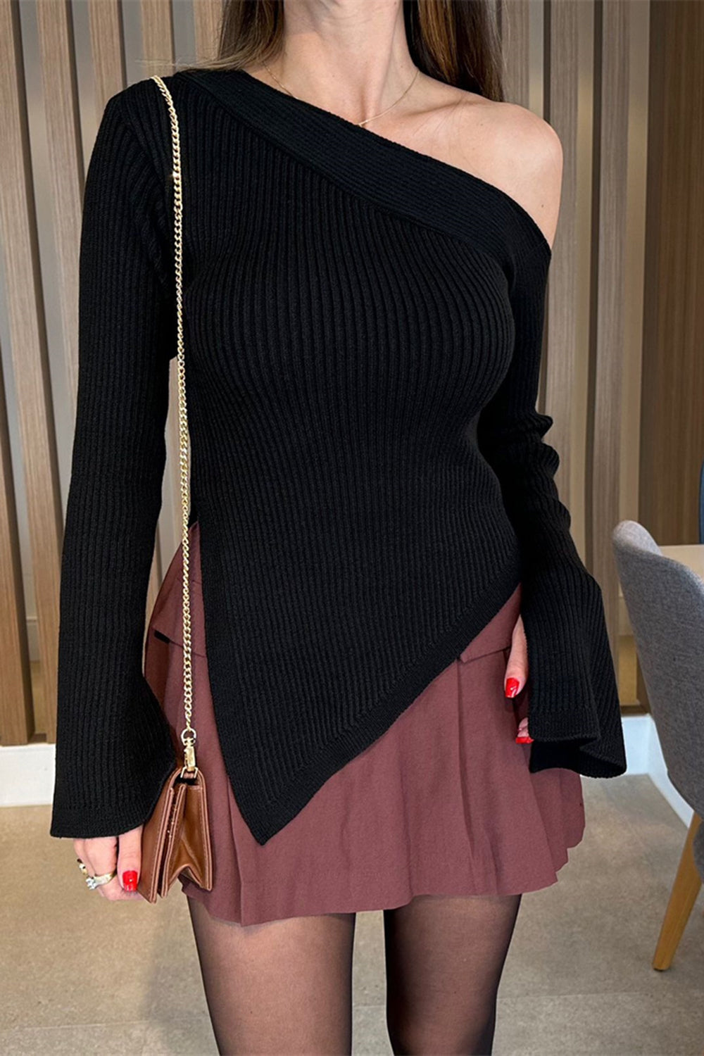 Asymmetric Hem Single Shoulder Sweater Trandify Deal