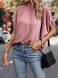 Swiss Dot Mock Neck Half Sleeve Blouse Trandify deal