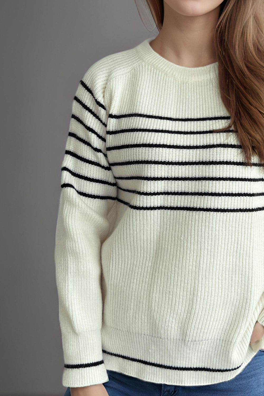 Striped Round Neck Long Sleeve Sweater Trandify Deal