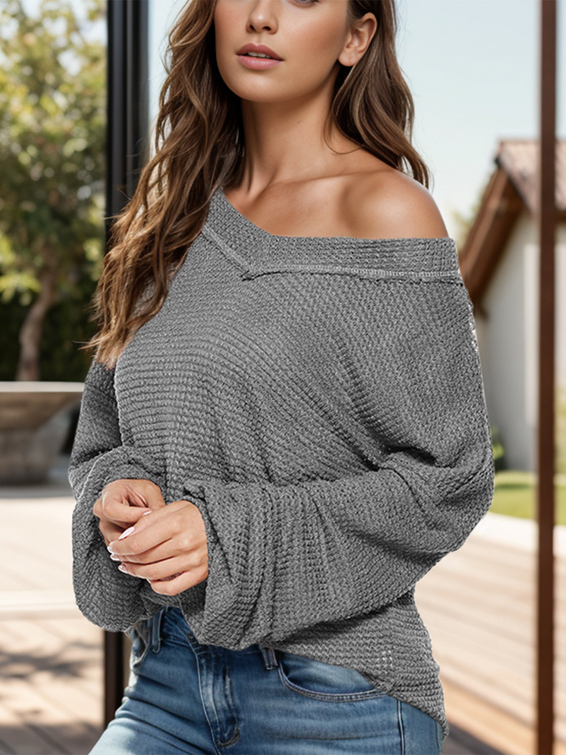Dropped Shoulder Long Sleeve Knit Top Trandify Deal