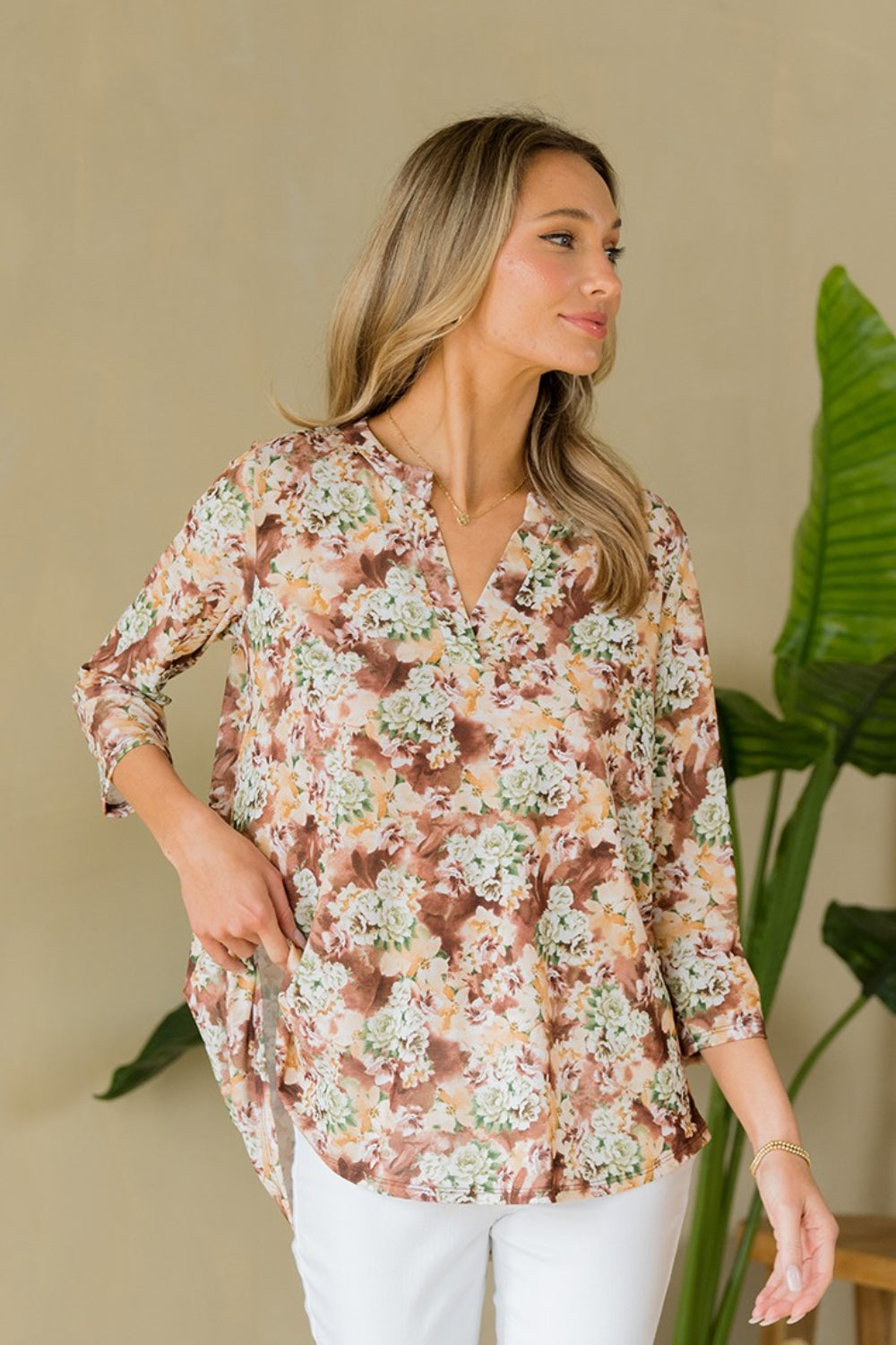 Sew In Love Full Size Wrinkle-Free Floral Notched Top Trandify deal