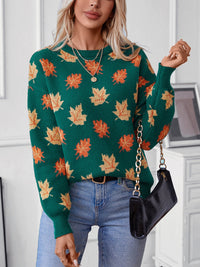 Maple Leaf Round Neck Long Sleeve Sweater Trandify Deal