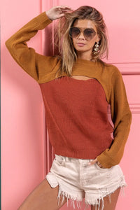 Color Block Sweater Top with Cut Out Neck