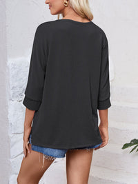 Lovelet Textured Round Neck Three-Quarter Sleeve Blouse Trandify deal