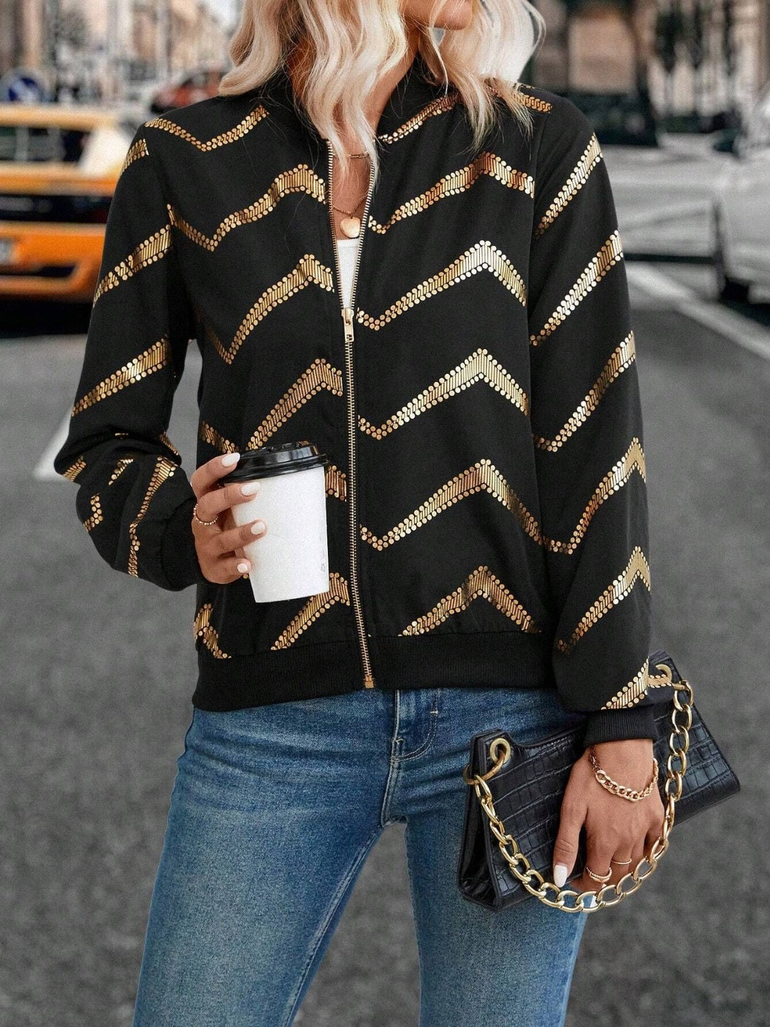 Printed Baseball Collar Zip Up Jacket Trandify Deal