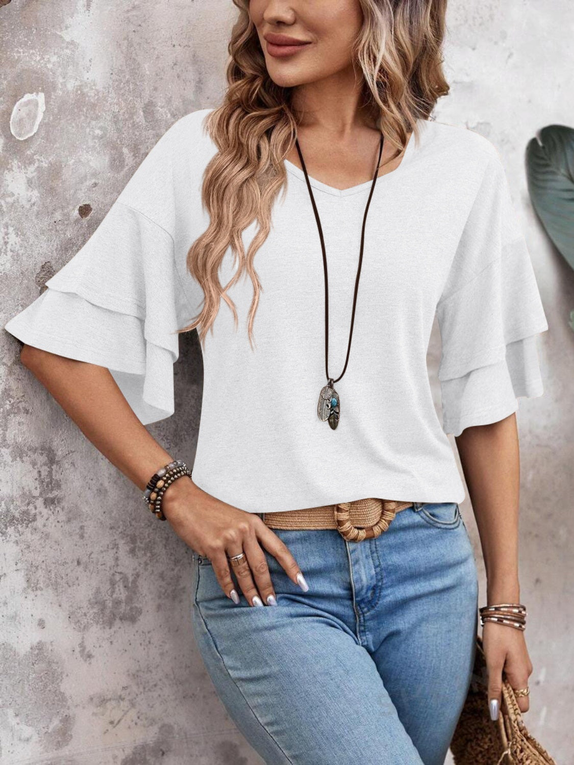 V-Neck Half Sleeve Blouse - Trandify Deal