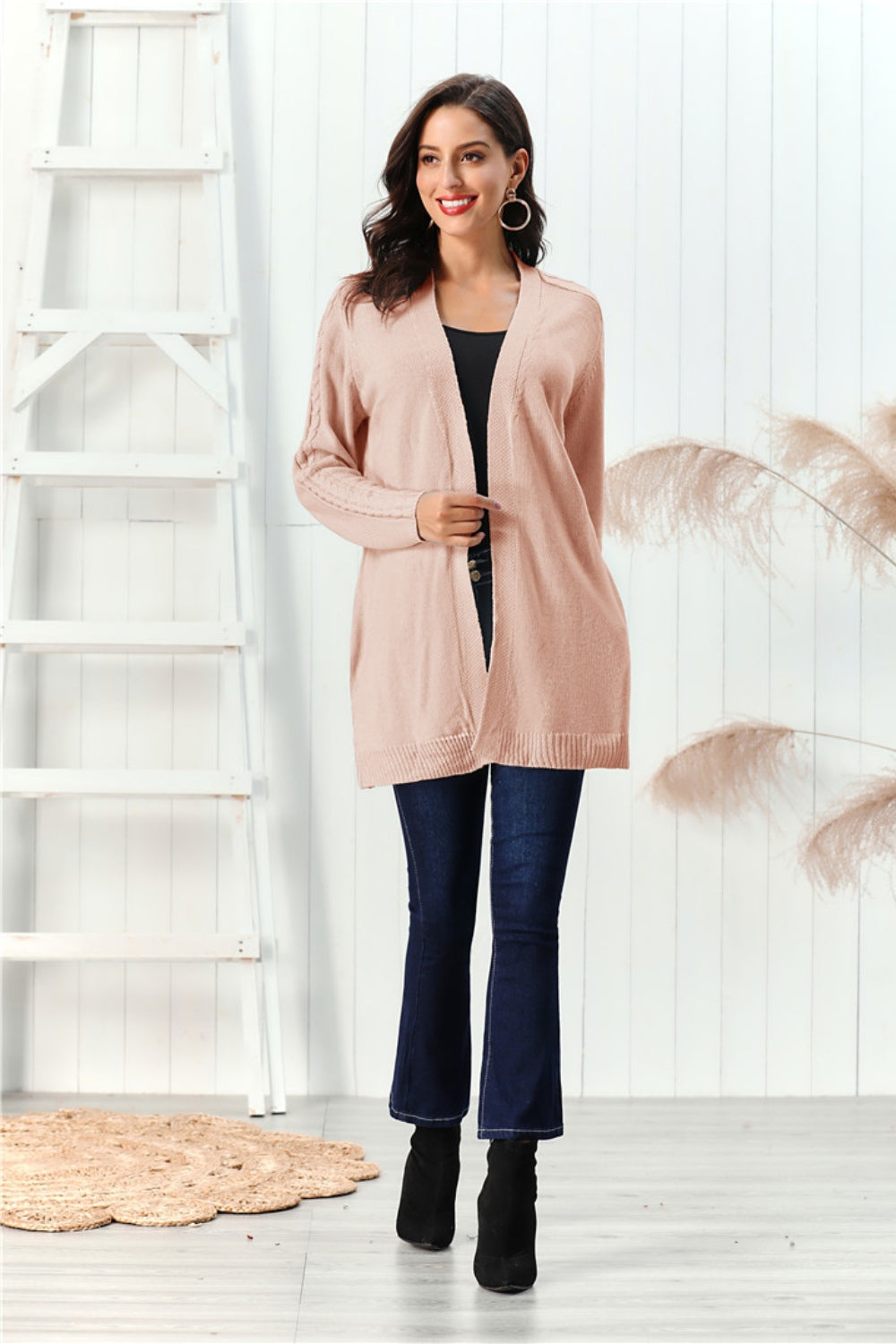 Cable-Knit Open Front Long Sleeve Cardigan Trandify Deal