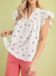 Notched Ruffled Blouse in White - Women's Cap Sleeve Top