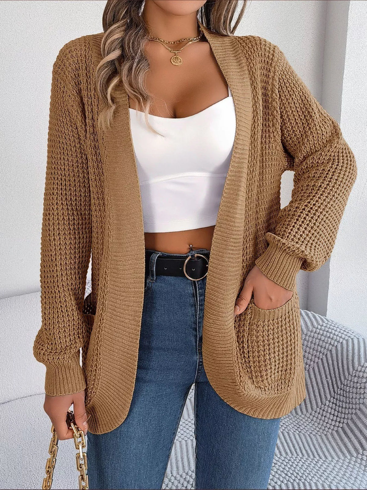 Chunky Knit Cardigan with Pockets - Open Front Women's Sweater