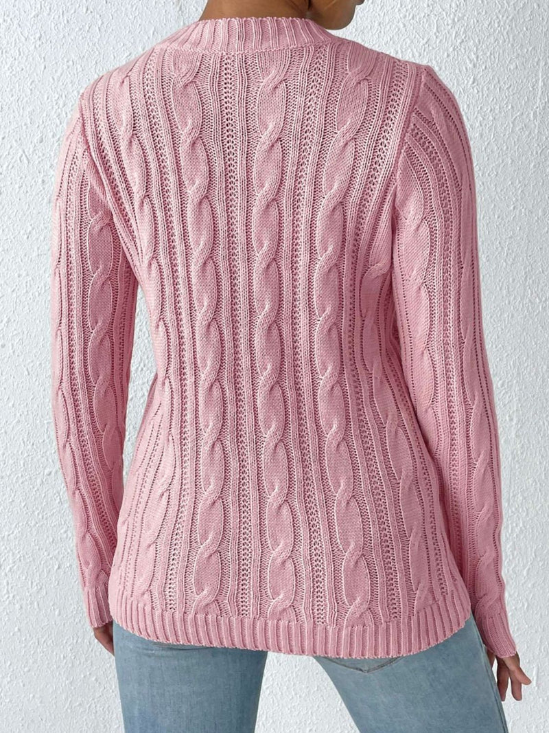 Cable-Knit Heart Round Neck Long Sleeve Sweater Trandify Deal