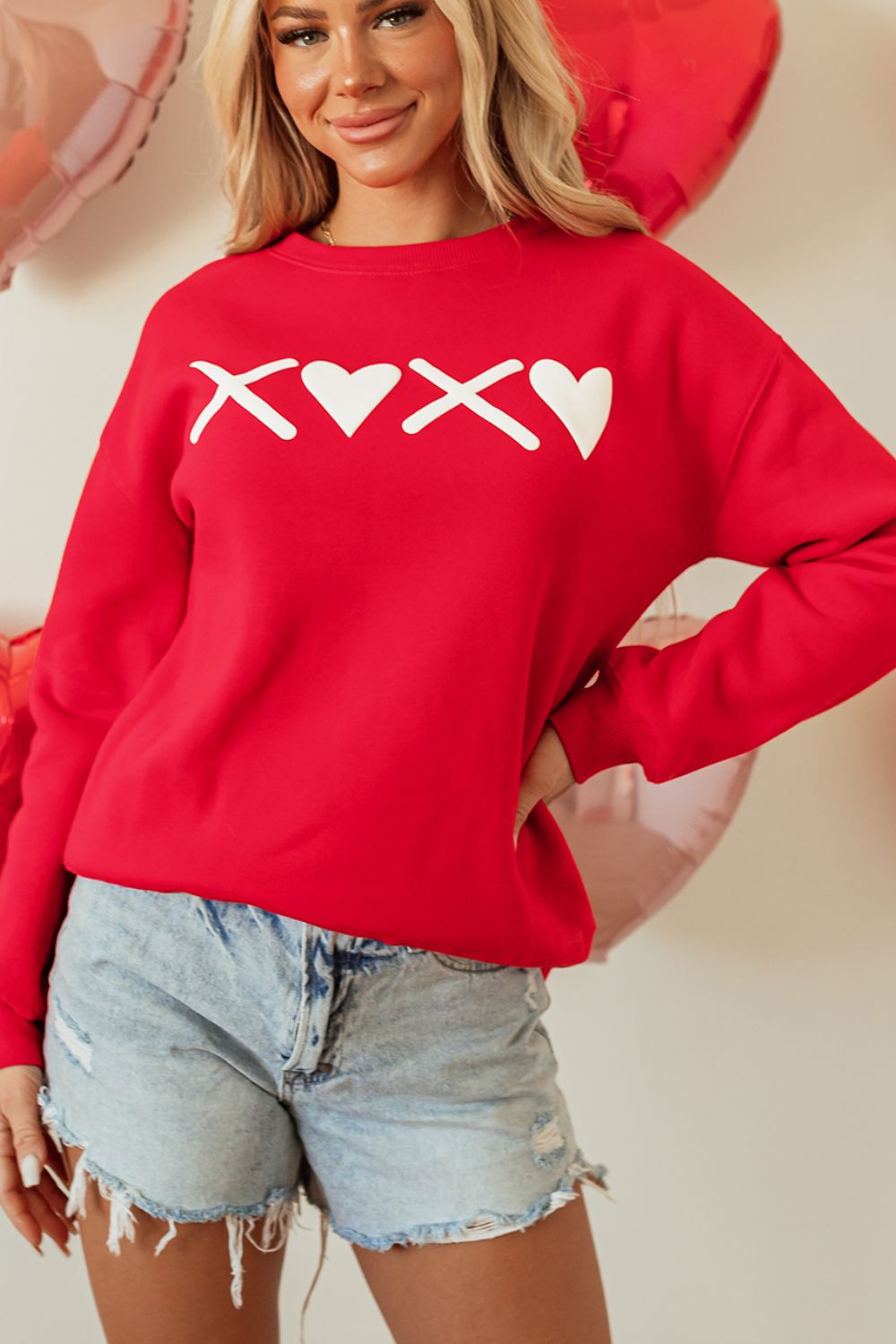 Valentine’s Day XOXO Round Neck Drop Shoulder Sweatshirt Trandify Deal