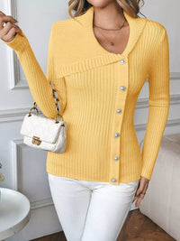 Women's asymmetrical ribbed button up cardigan in yellow, cozy chic style.