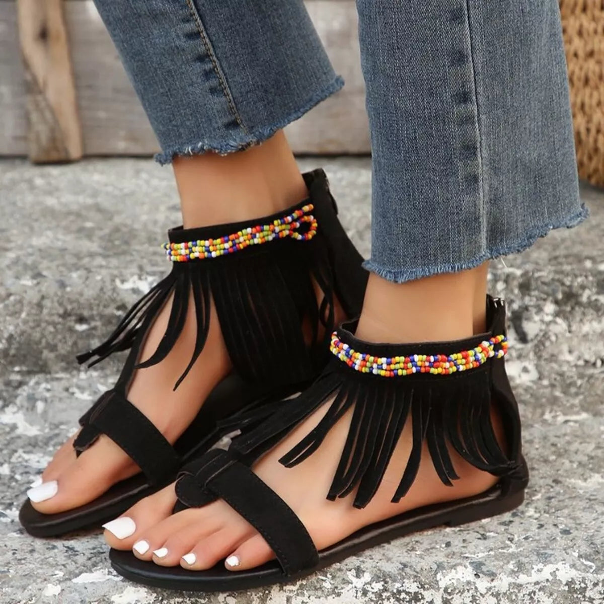 women's PU leather fringe sandals with ankle strap