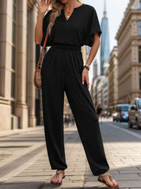 Trendy Straight-Leg Jumpsuit with Notched Neckline – Casual & Chic