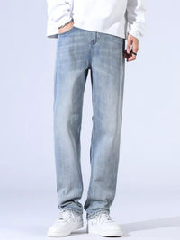 Men's relaxed fit wide leg jeans in blue wash - comfort stretch denim