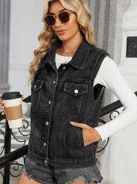 Pocketed Button Up Sleeveless Denim Jacket Trandify Deal