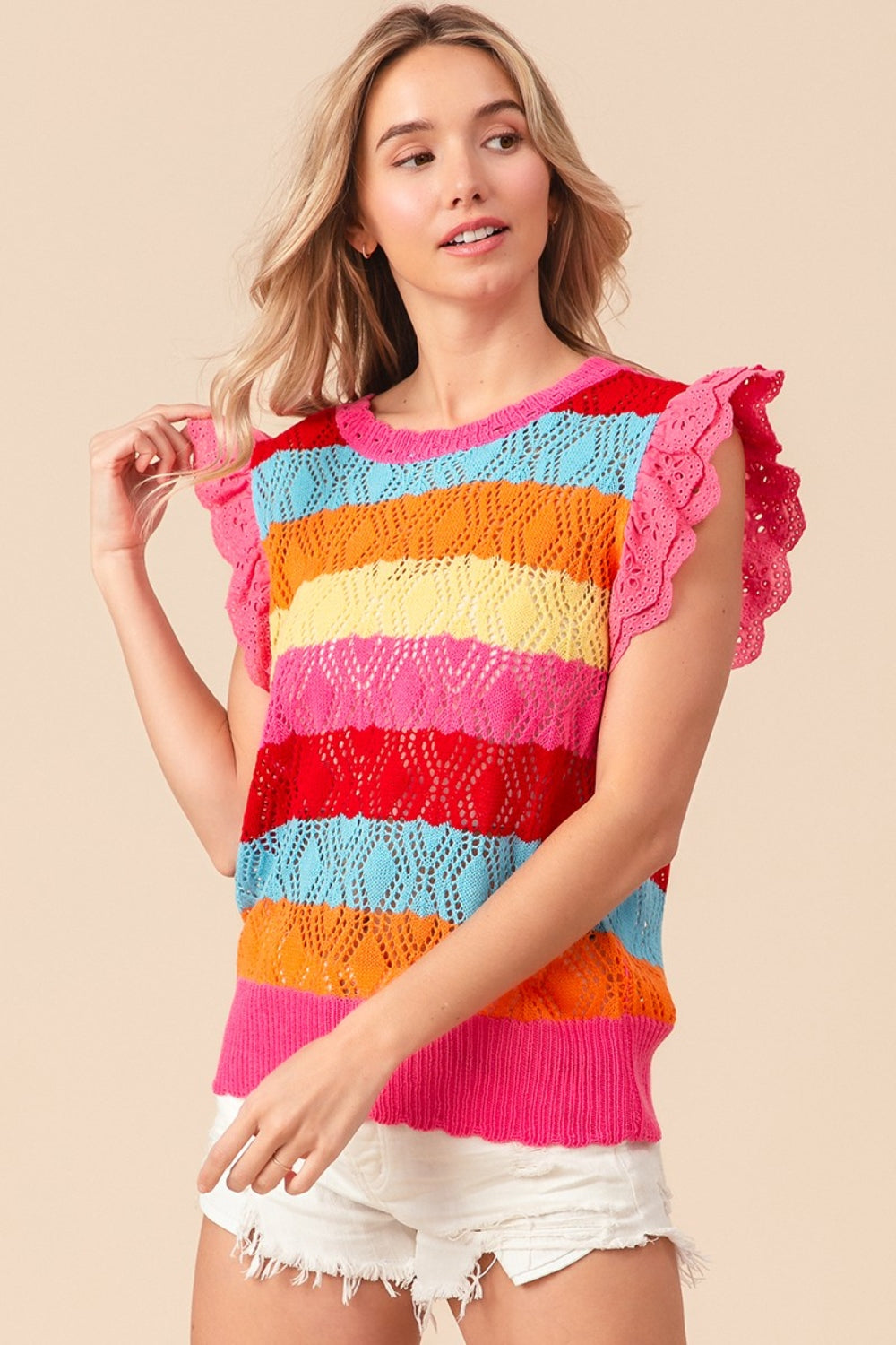 BiBi Pointelle Striped Ruffled Knit Top Trandify deal
