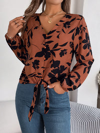 Printed V-Neck Long Sleeve Blouse Trandify deal