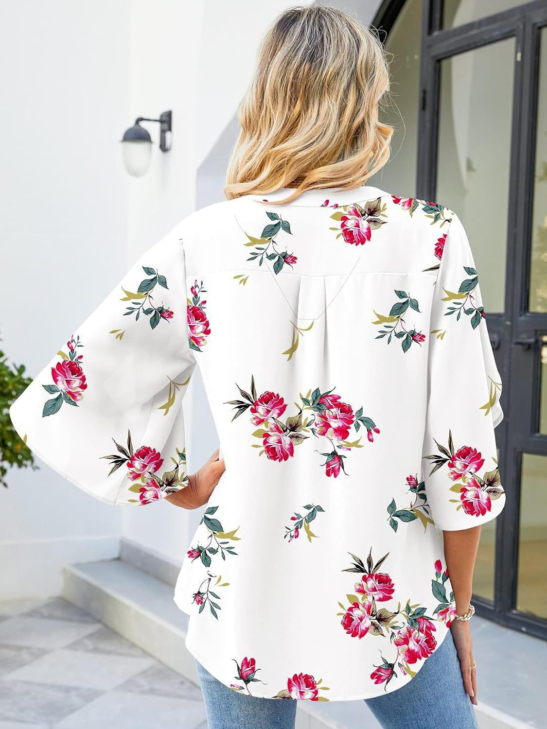 Printed Notched Half Sleeve Blouse Trandify Deal