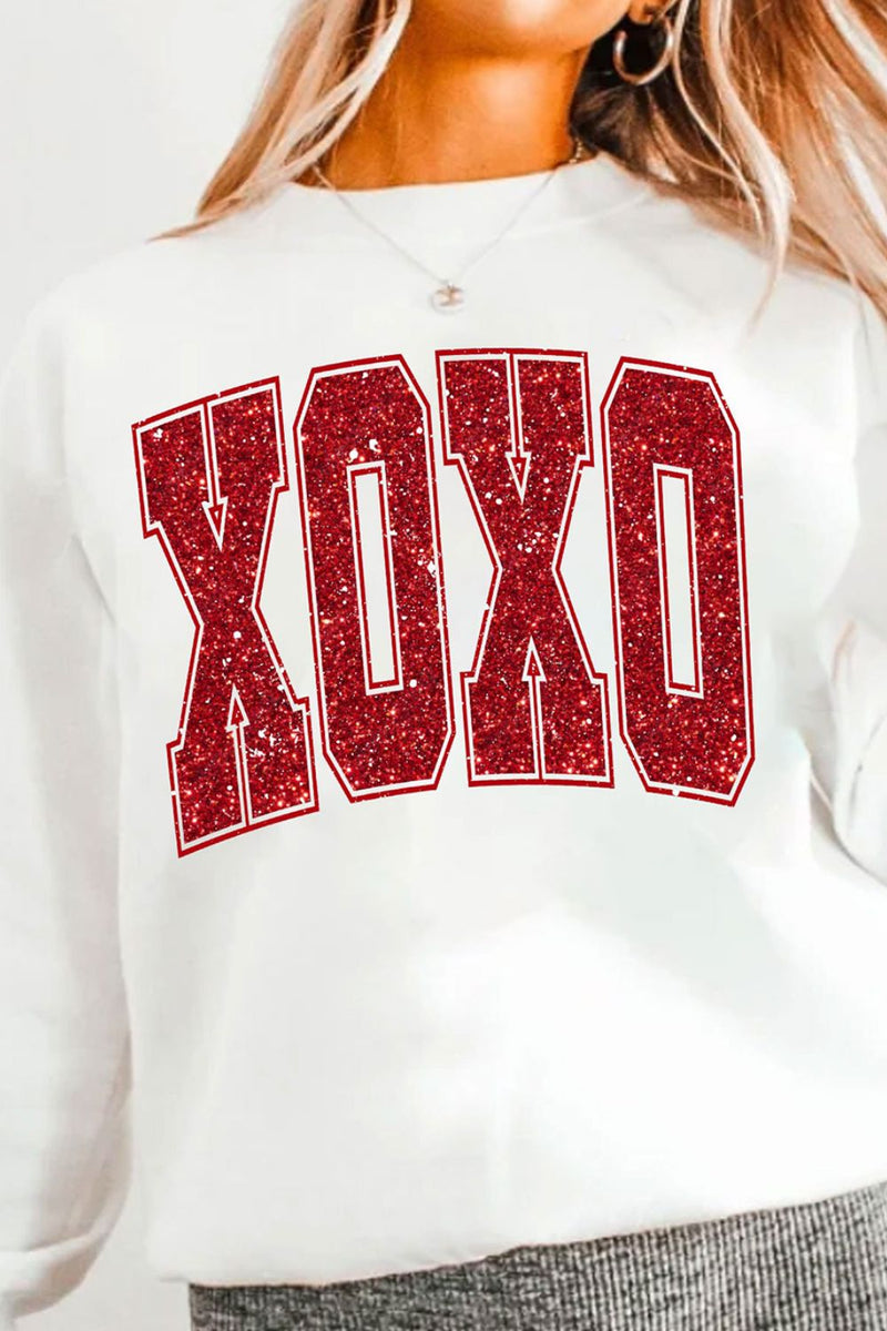 Valentine’s Day XOXO Glitter Round Neck Sweatshirt Trandify Deal