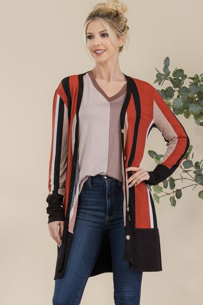 Plus Size Striped Button-Up Cardigan for Women – Long Sleeve Open Front Knit Sweater