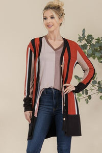 Plus Size Striped Button-Up Cardigan for Women – Long Sleeve Open Front Knit Sweater