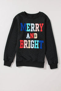 Full Size MERRY AND BRIGHT Cable Knit Pullover Sweatshirt Trandify Deal