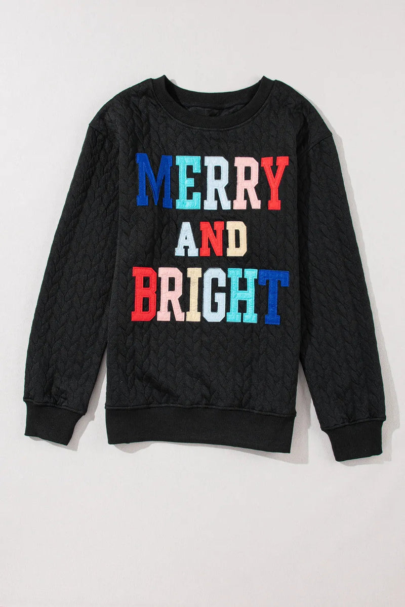 Full Size MERRY AND BRIGHT Cable Knit Pullover Sweatshirt Trandify Deal