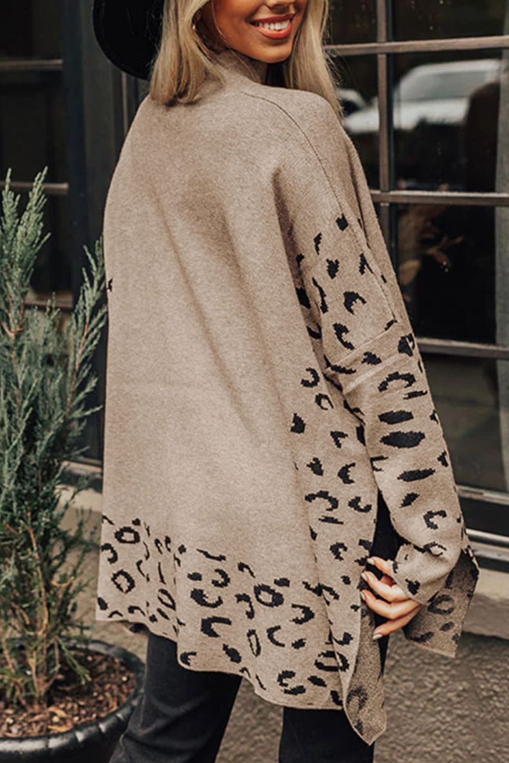 Slit Leopard Mock Neck Dropped Shoulder Sweater Trandify Deal