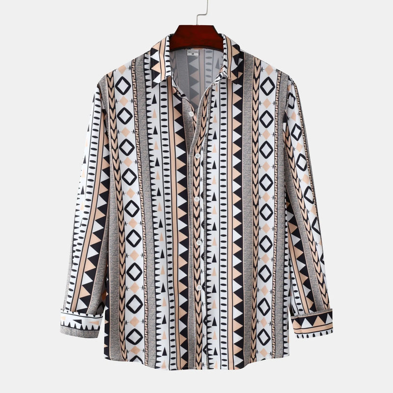 Men’s Geometric Print Long Sleeve Shirt – Trendy Casual Button-Up for Stylish Outfits