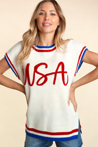 Haptics Letter Embroidery Slit Knit Top Trandify deal