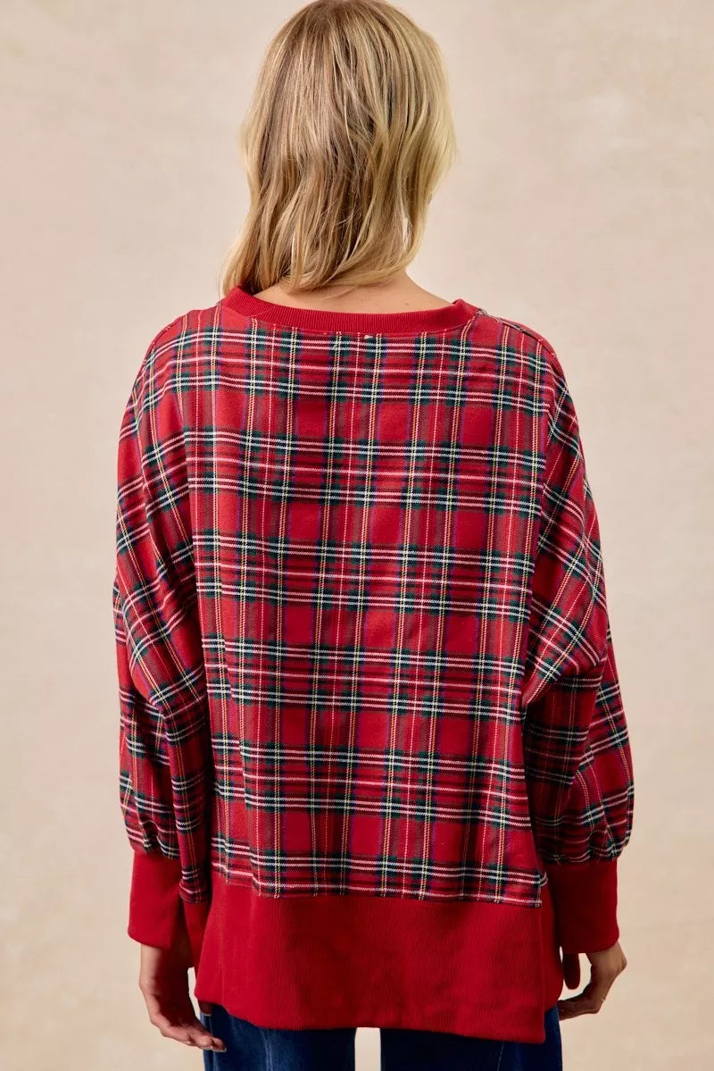 BiBi Women's Oversized Christmas Plaid Sweatshirt - Holly Jolly Holiday Party Top - Red Plaid Shirt