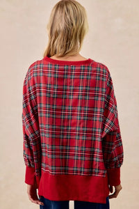 BiBi Women's Oversized Christmas Plaid Sweatshirt - Holly Jolly Holiday Party Top - Red Plaid Shirt